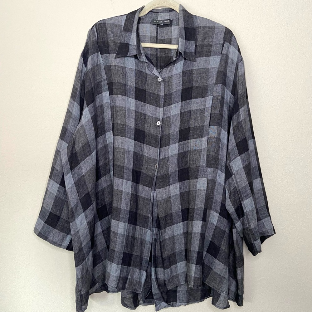 Juliette Ozouf Linen Lagenlook Artsy Checkered Tunic Top